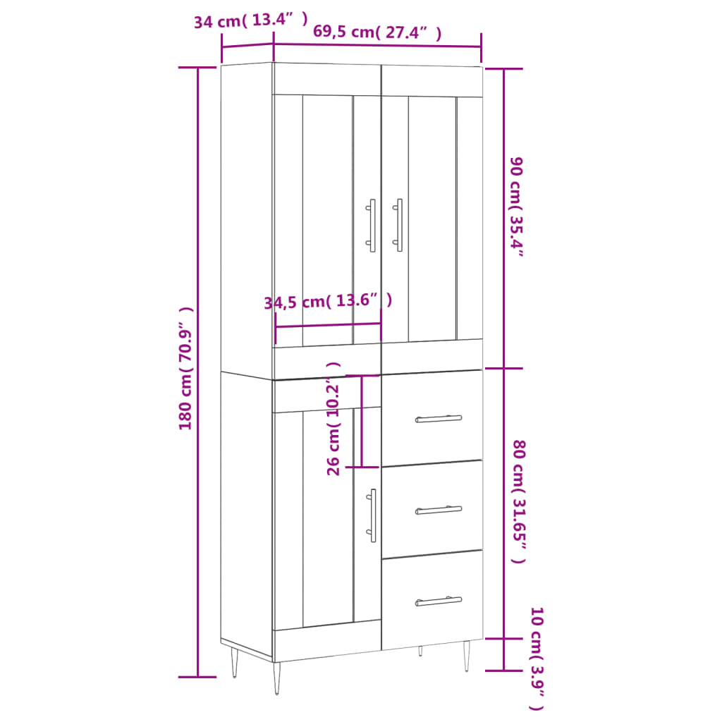 vidaXL Buffet haut Gris béton 69,5x34x180 cm Bois d'ingénierie