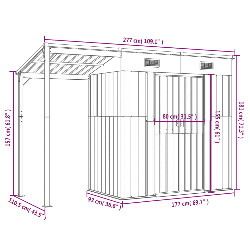 vidaXL Abri de jardin avec toit prolongé marron clair 277x110,5x181 cm