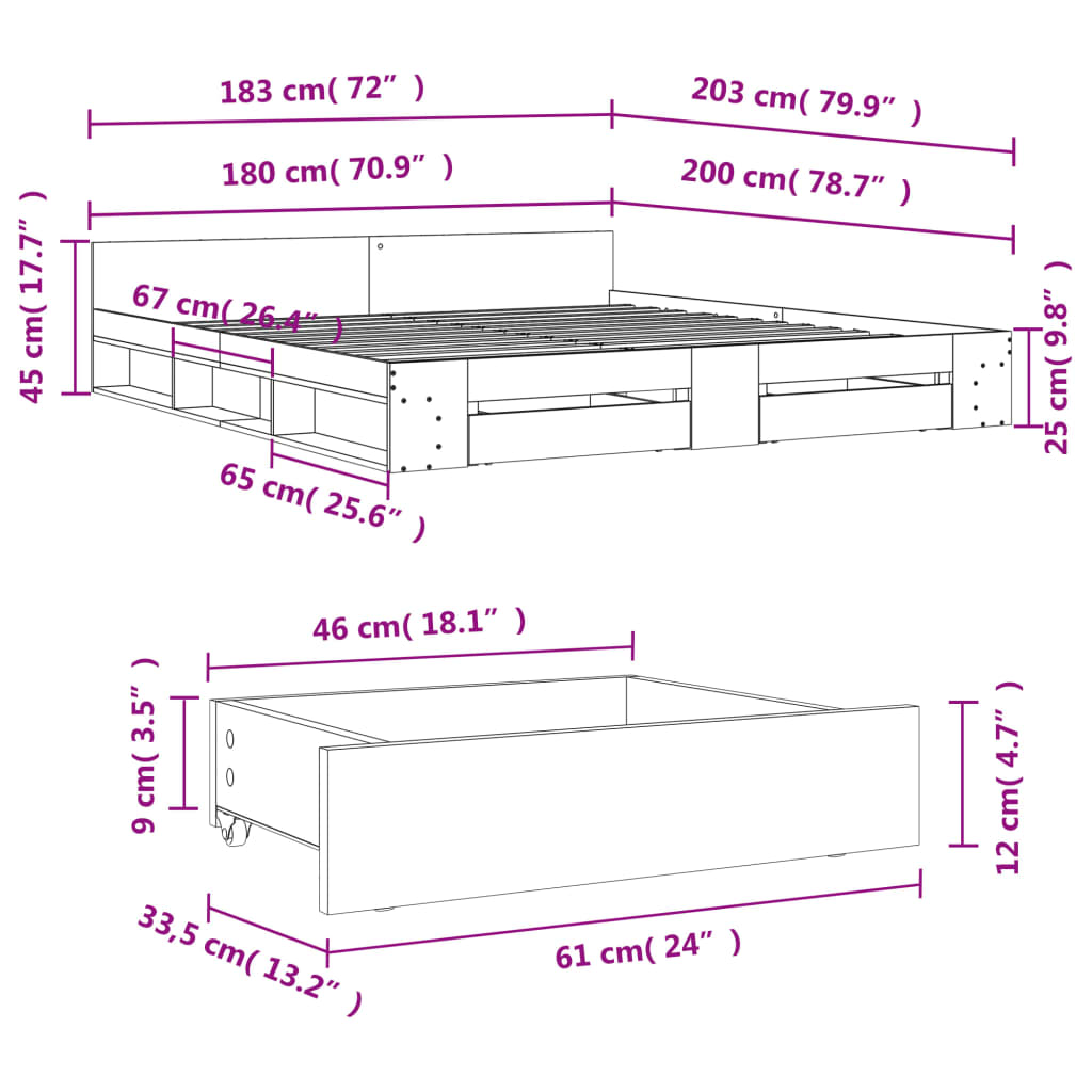 vidaXL Cadre de lit à tiroirs sonoma gris 180x200 cm bois d'ingénierie