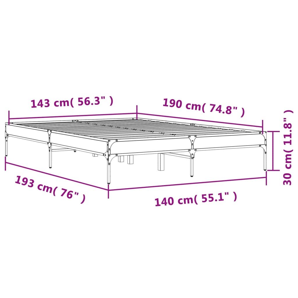 vidaXL Cadre de lit chêne fumé 140x190 cm bois d'ingénierie et métal