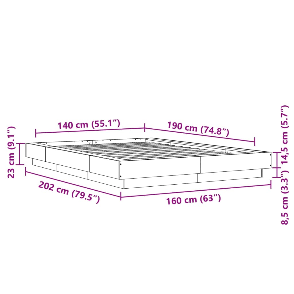 vidaXL Cadre de lit et lumières LED sans matelas gris béton 140x190 cm