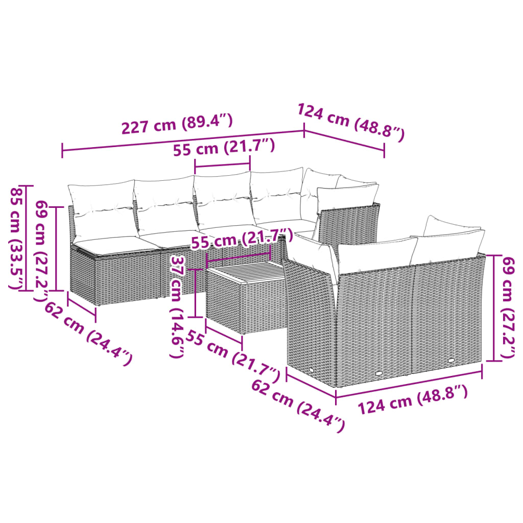 vidaXL Salon de jardin 8 pcs avec coussins gris résine tressée