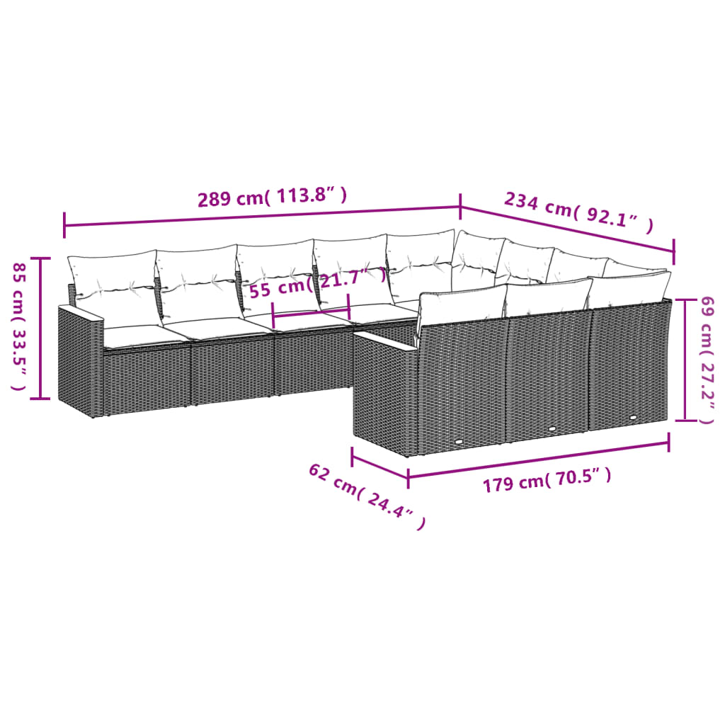 vidaXL Salon de jardin avec coussins 10 pcs gris résine tressée