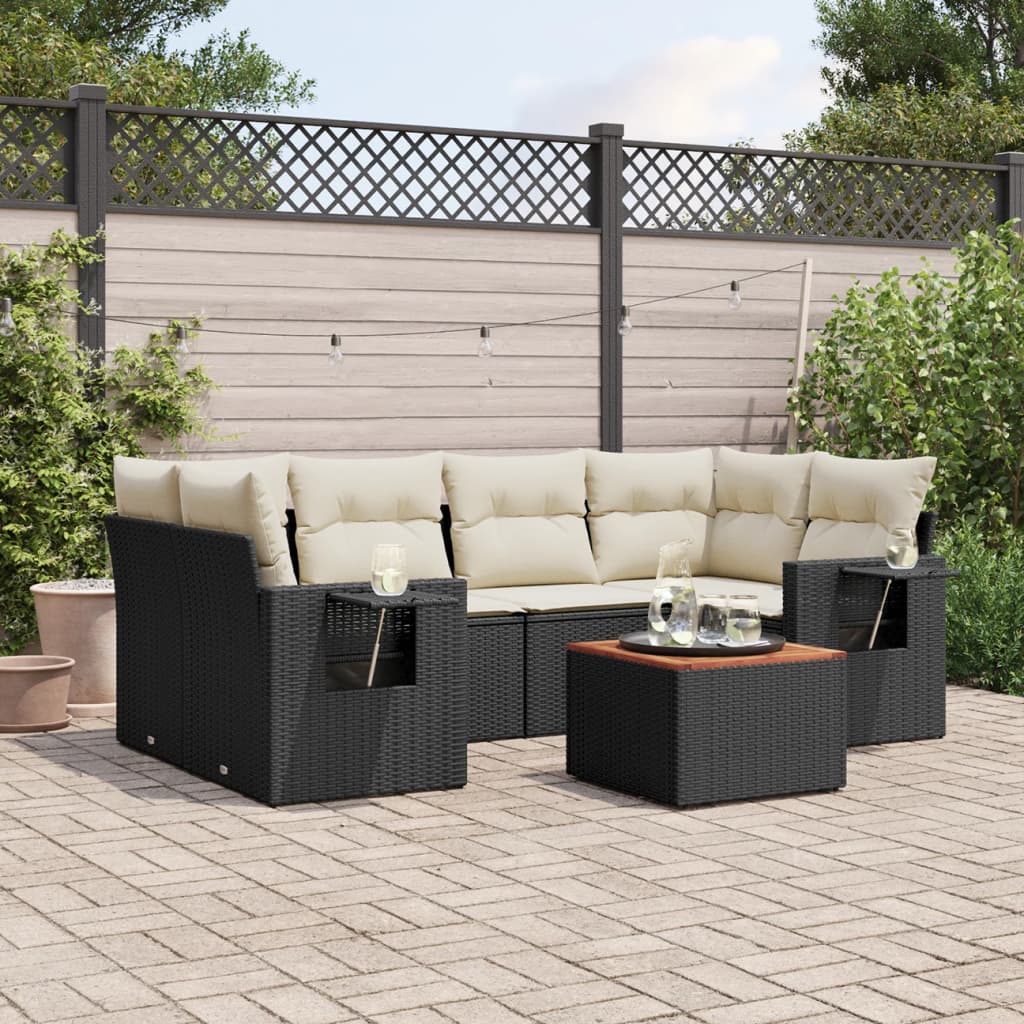 vidaXL Salon de jardin 7 pcs avec coussins noir résine tressée