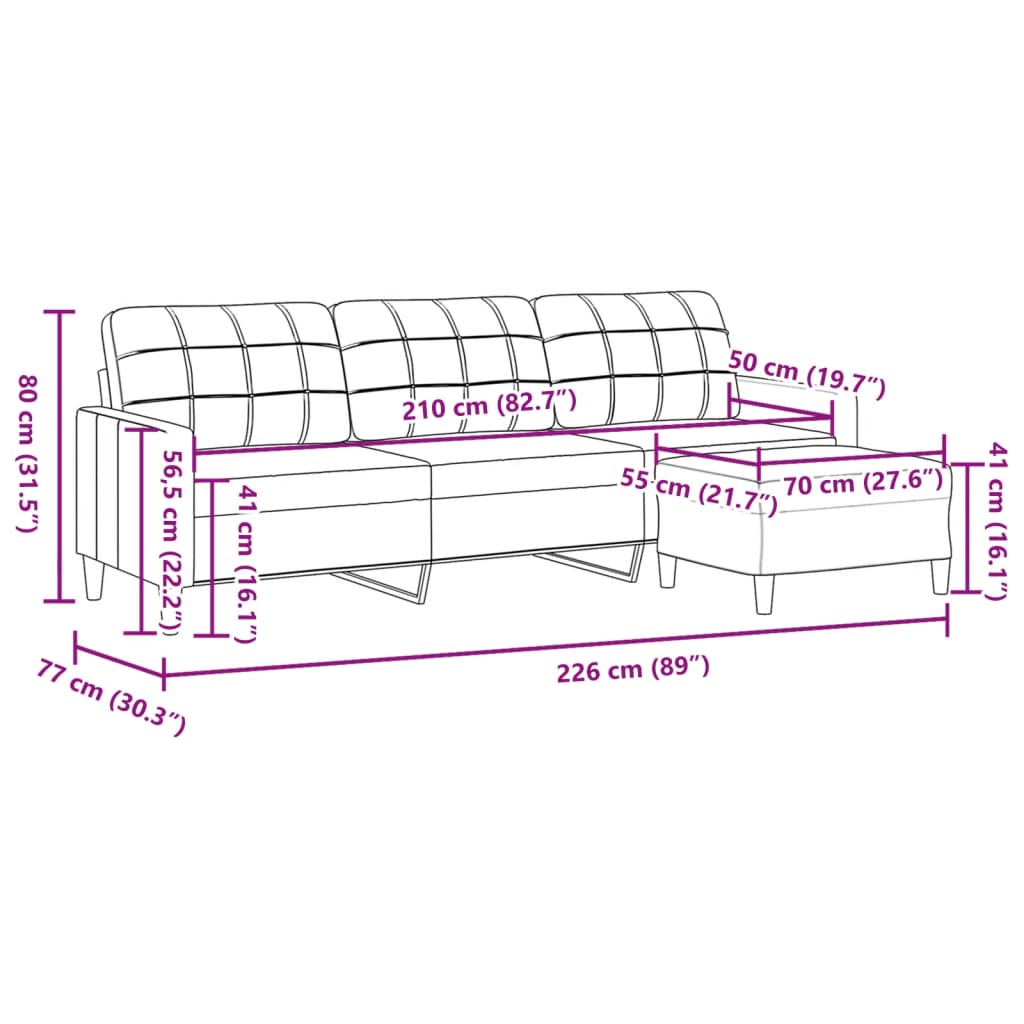 vidaXL Canapé à 3 places avec repose-pieds Gris clair 210 cm Tissu