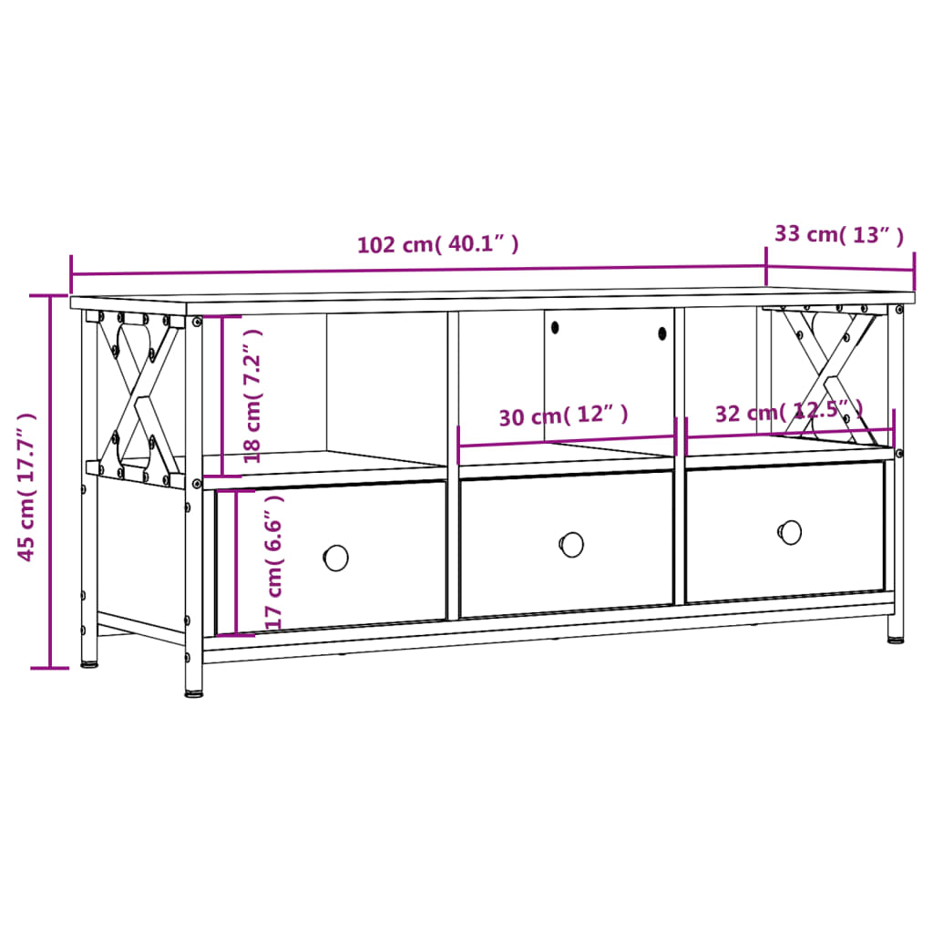 vidaXL Meuble TV noir 102x33x45 cm bois d'ingénierie et fer