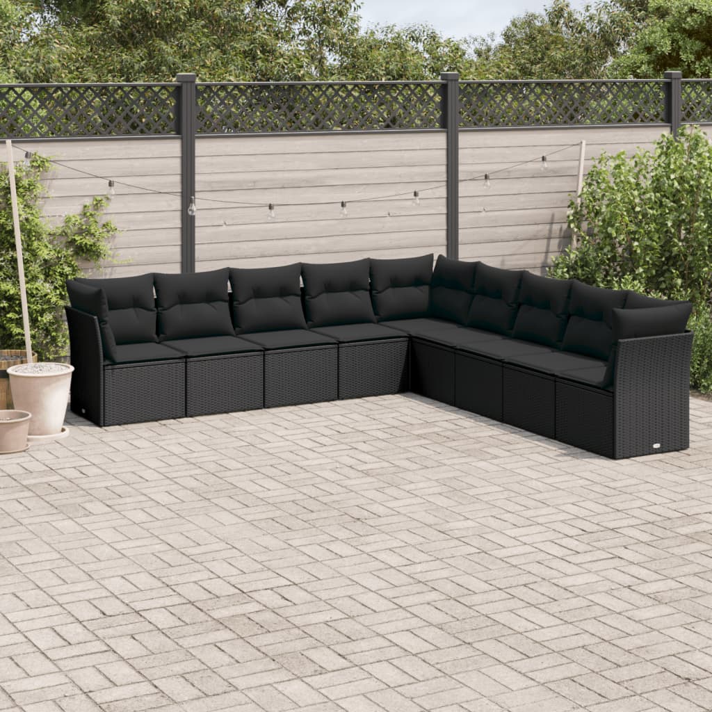 vidaXL Salon de jardin 9 pcs avec coussins noir résine tressée