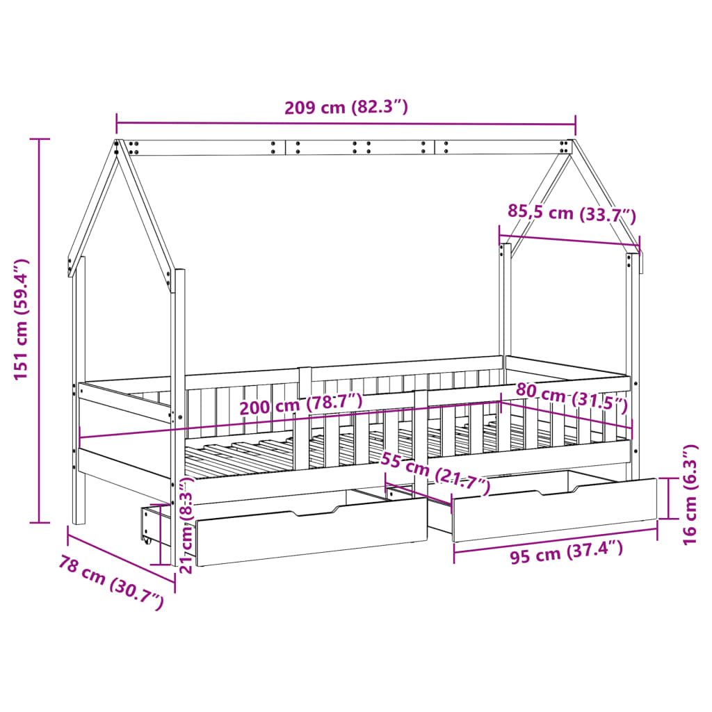 vidaXL Cadre de lit enfants avec tiroirs sans matelas 80x200 cm bois