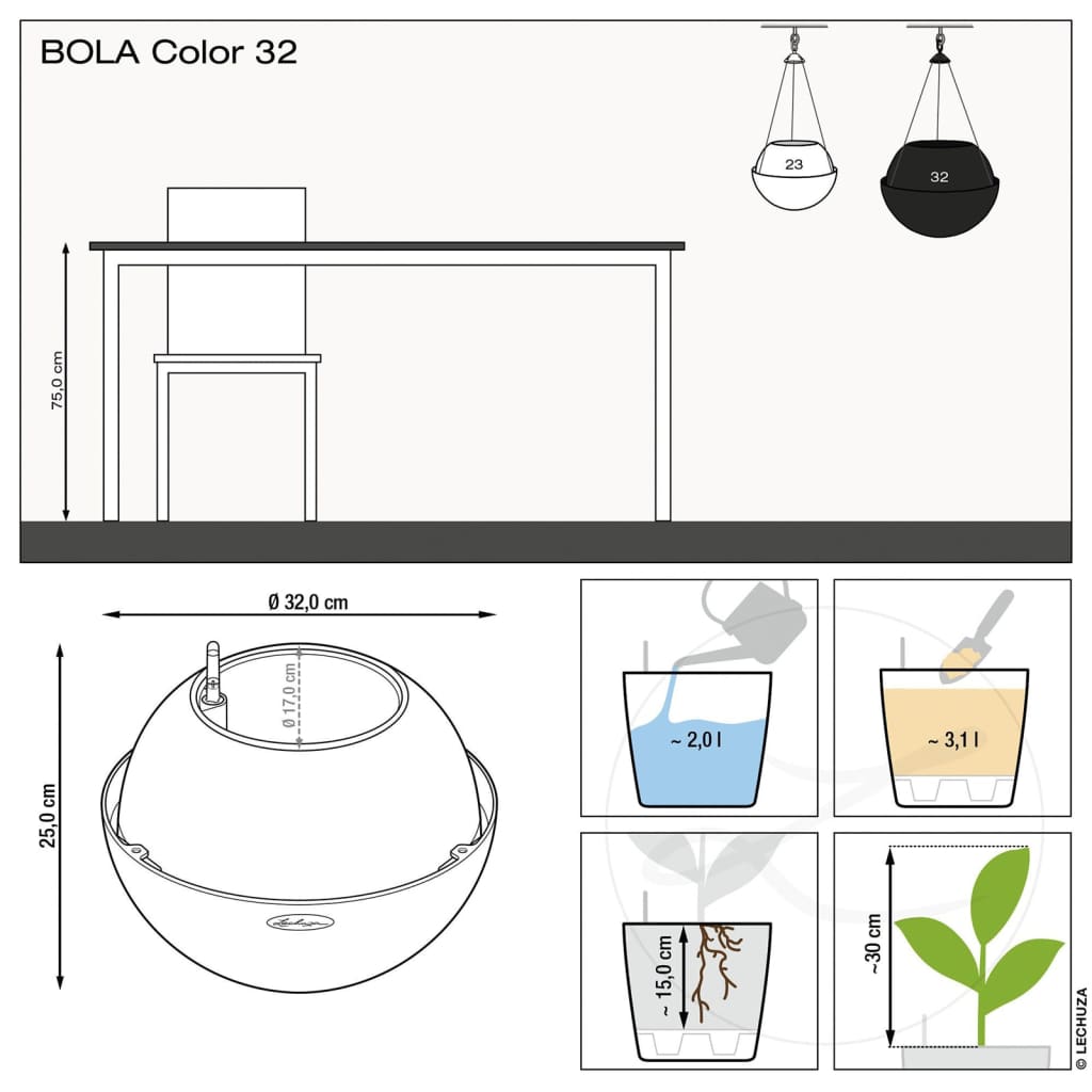 LECHUZA Jardinière suspendue BOLA Color 32 ALL-IN-ONE Marron sable