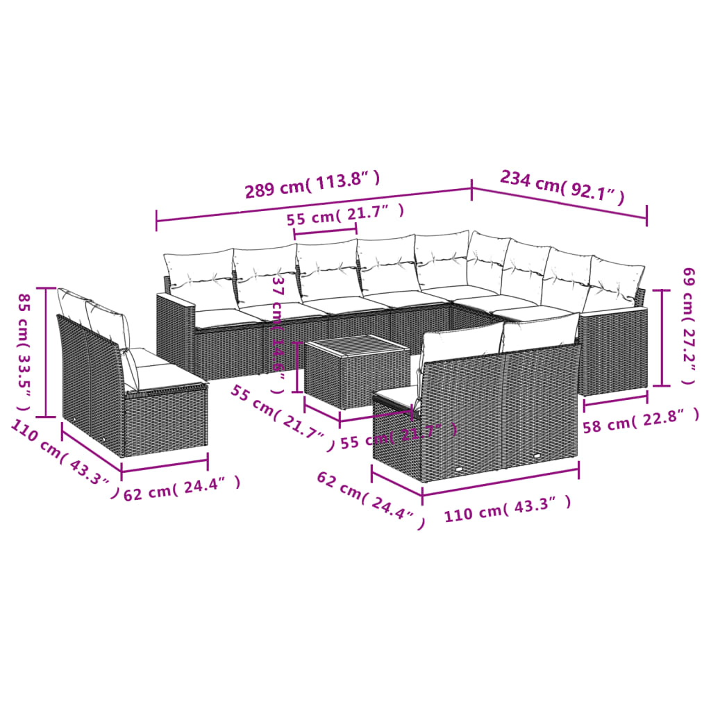 vidaXL Salon de jardin avec coussins 13 pcs noir résine tressée