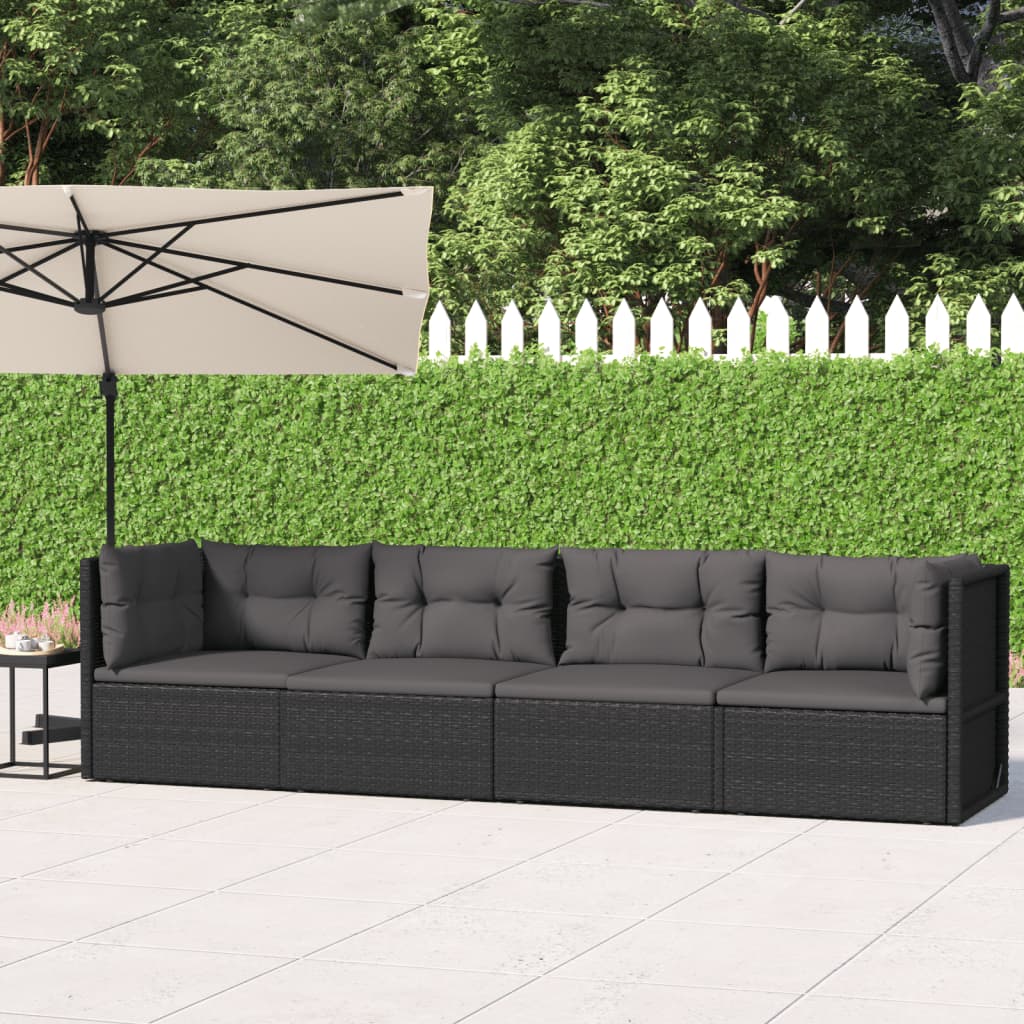 vidaXL Salon de jardin 4 pcs avec coussins Noir Résine tressée