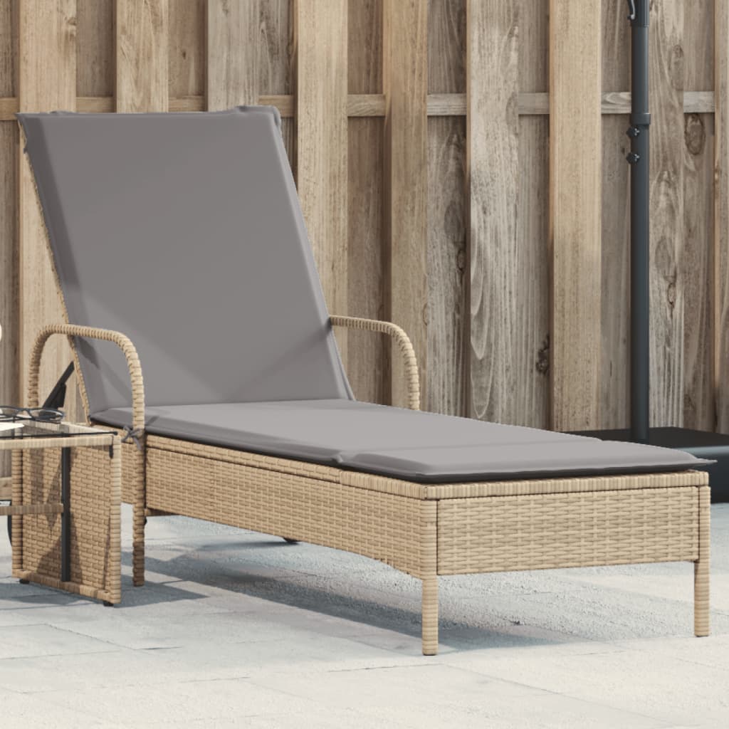 vidaXL Chaise longue avec roues et coussin beige résine tressée