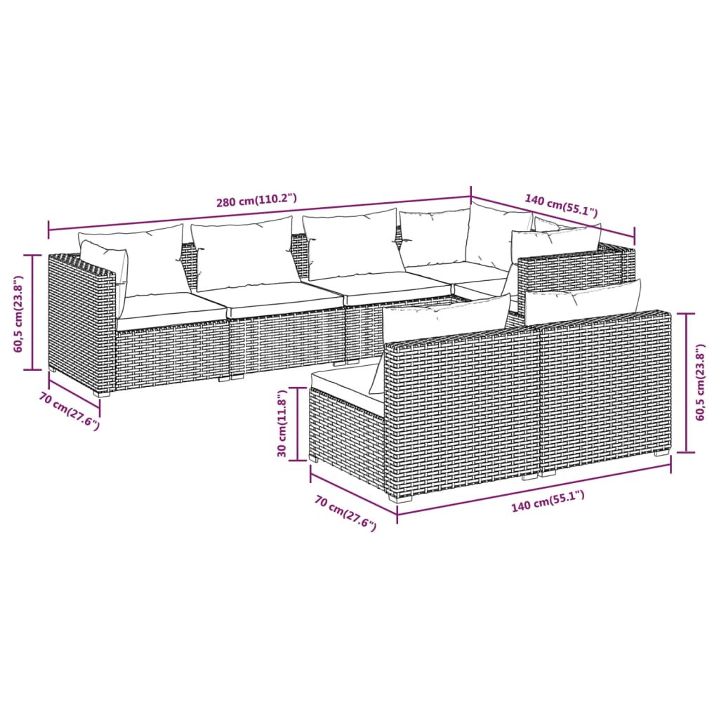 vidaXL Salon de jardin avec coussins 7 pcs marron résine tressée