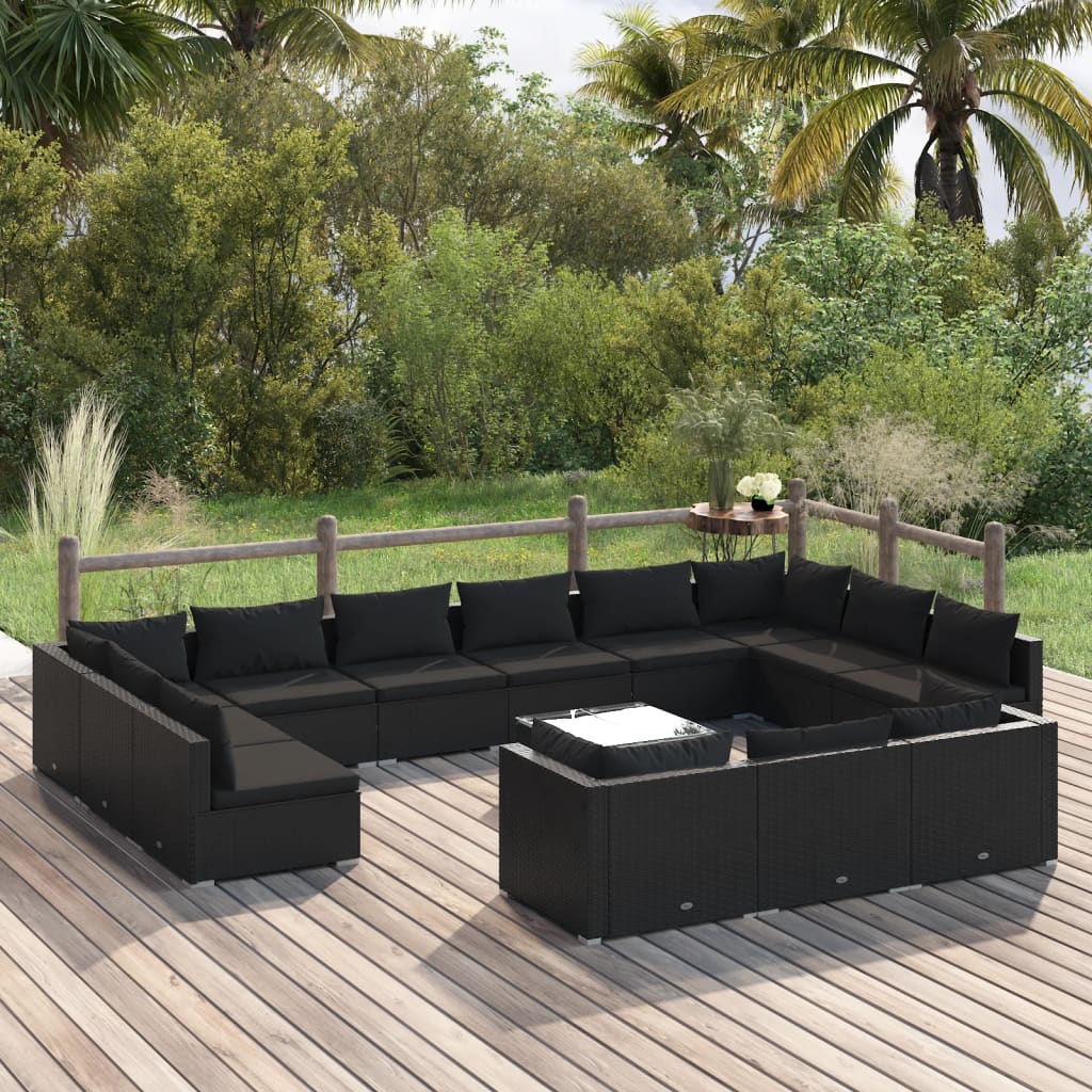 vidaXL Salon de jardin 14 pcs avec coussins Noir Résine tressée