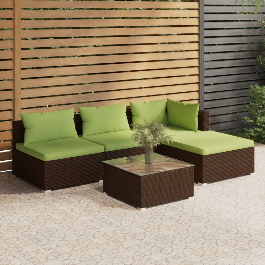 vidaXL Salon de jardin 5 pcs avec coussins résine tressée marron