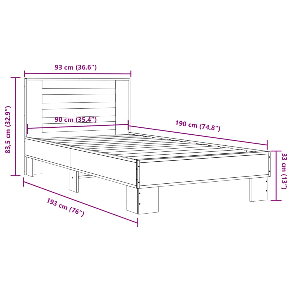 vidaXL Cadre de lit chêne fumé 90x190 cm bois d'ingénierie et métal