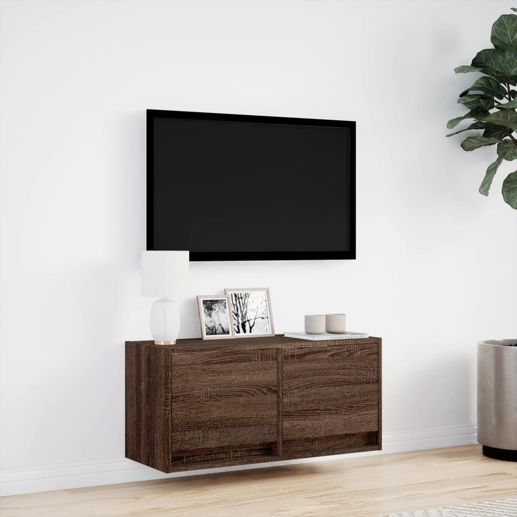 vidaXL Meuble TV mural avec lumières LED chêne marron 80x31x35 cm