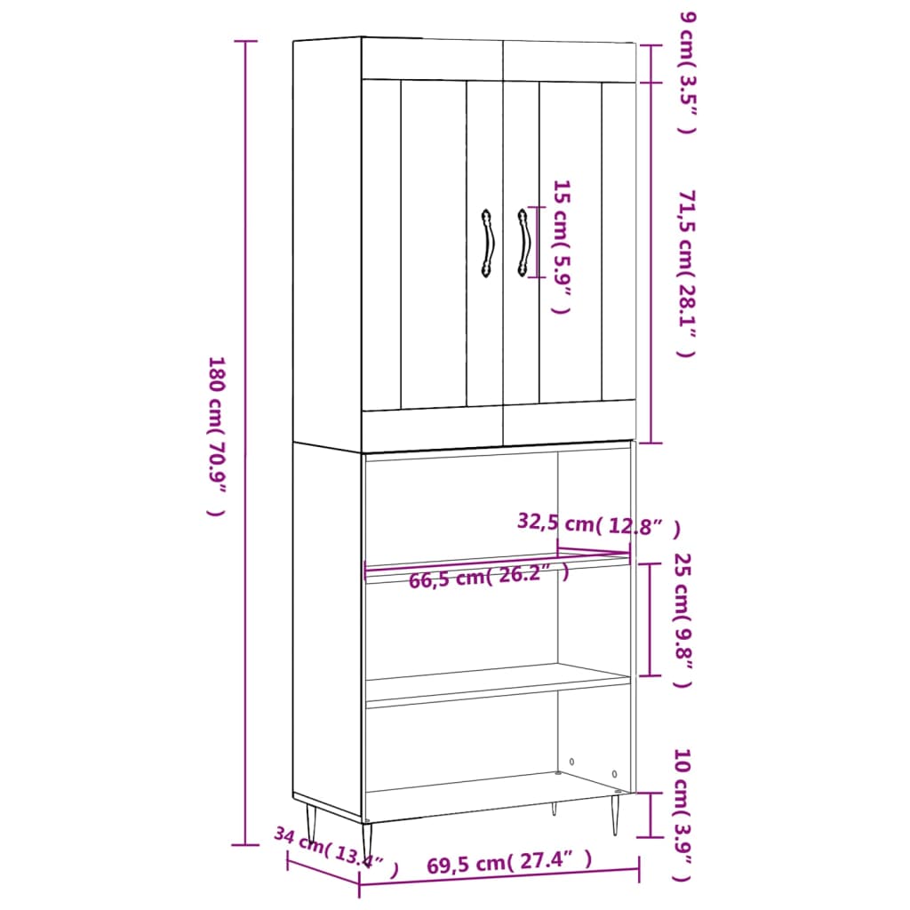 vidaXL Buffet haut Blanc 69,5x34x180 cm Bois d'ingénierie