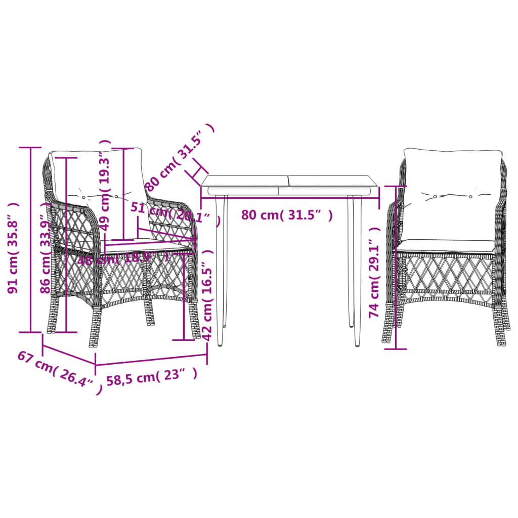 vidaXL Ensemble de bistro 3 pcs avec coussins marron résine tressée