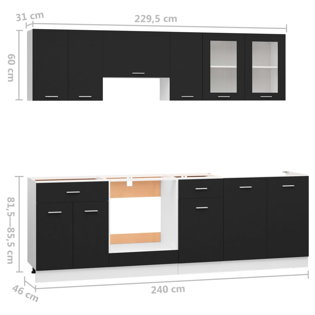 vidaXL Ensemble de meubles de cuisine 8 pcs Noir Aggloméré