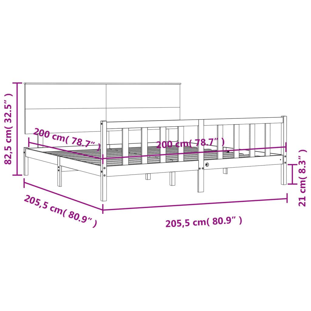 vidaXL Cadre de lit avec tête de lit marron miel 200x200cm bois massif