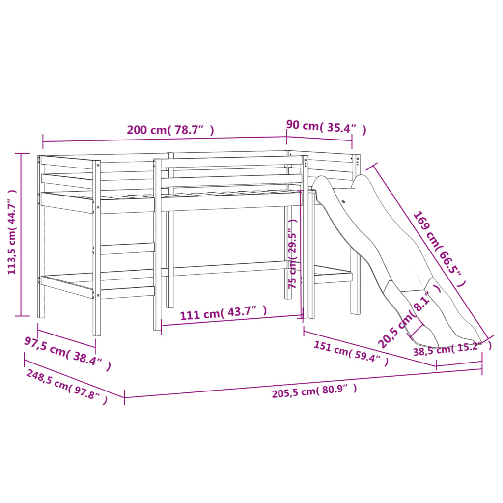 vidaXL Lit mezzanine enfants et rideaux blanc/noir 90x200cm pin massif