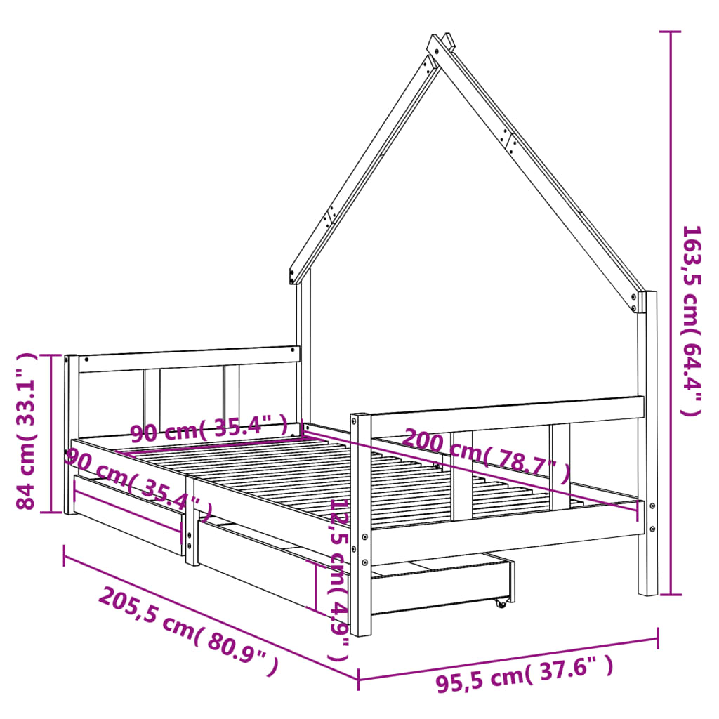 vidaXL Cadre de lit enfant avec tiroirs noir 90x200 cm bois pin massif