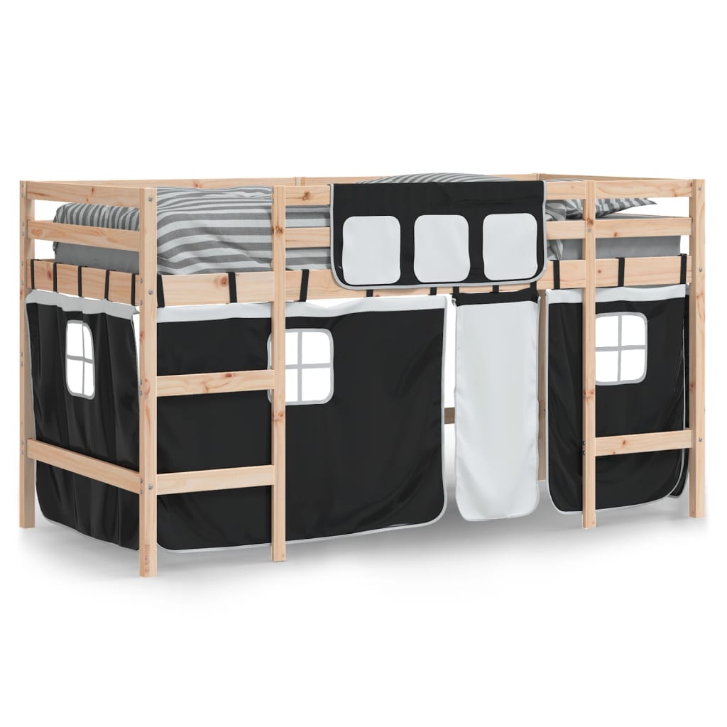 vidaXL Lit mezzanine enfants et rideaux blanc/noir 80x200cm pin massif