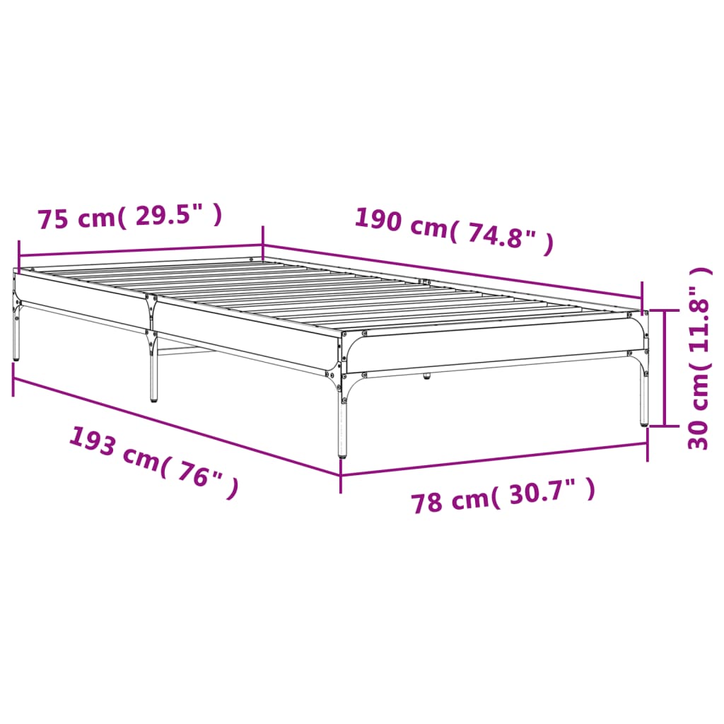 vidaXL Cadre de lit chêne fumé 75x190 cm bois d'ingénierie et métal