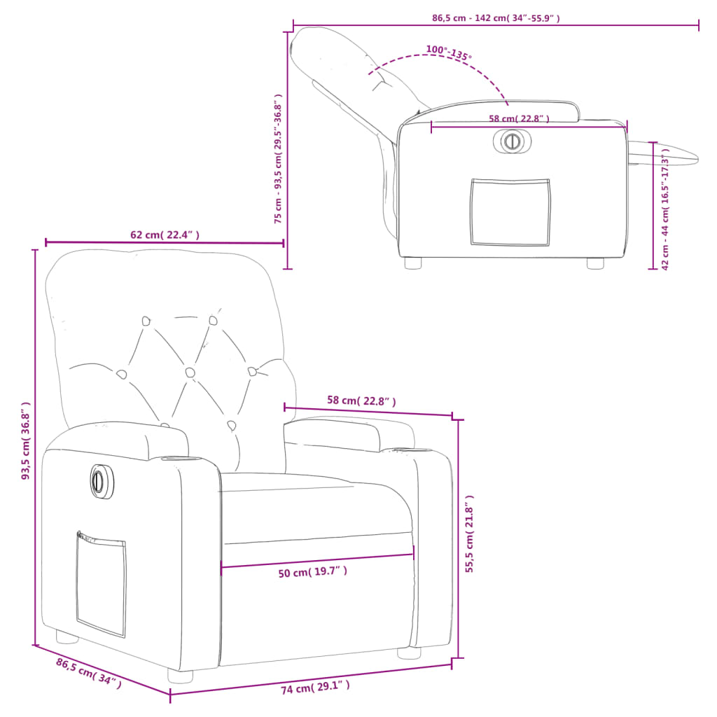 vidaXL Fauteuil inclinable électrique Marron Tissu