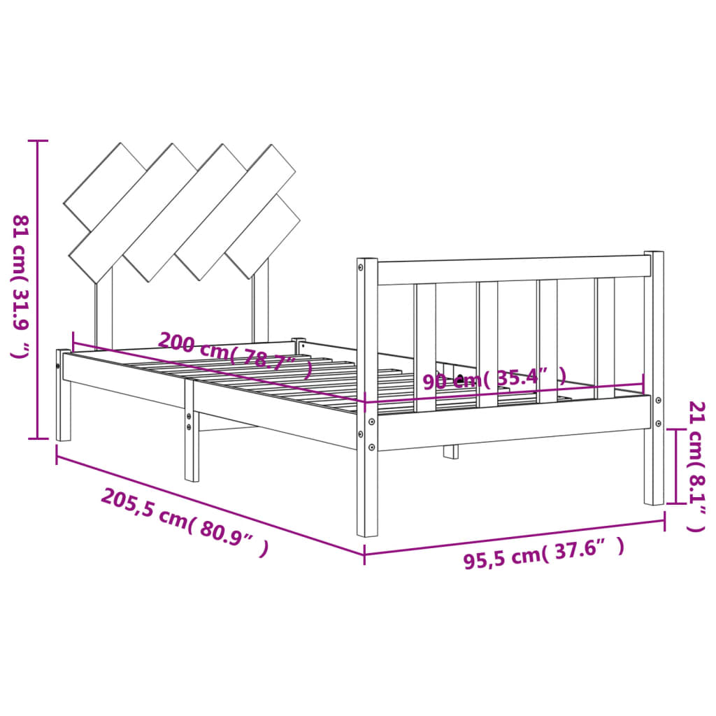 vidaXL Cadre de lit avec tête de lit 90x200 cm bois massif