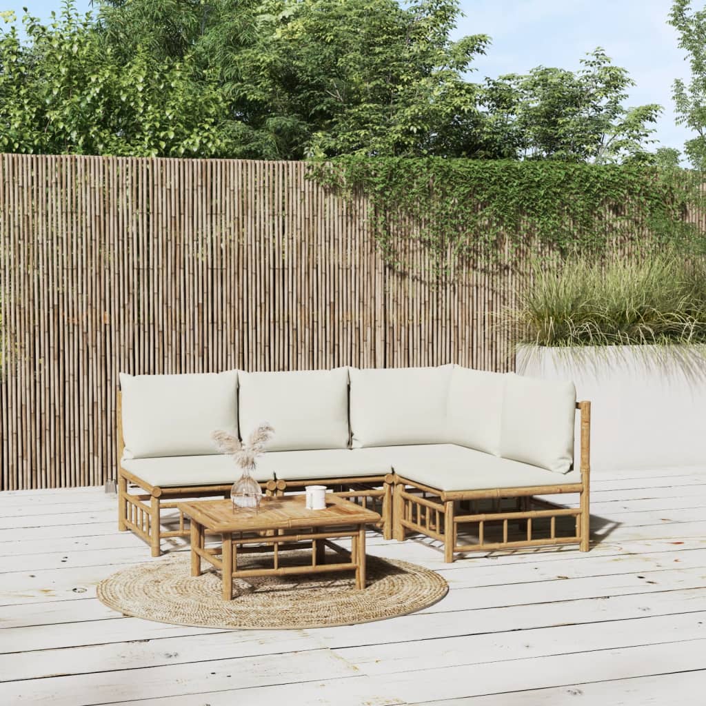 vidaXL Salon de jardin 5 pcs avec coussins blanc crème bambou