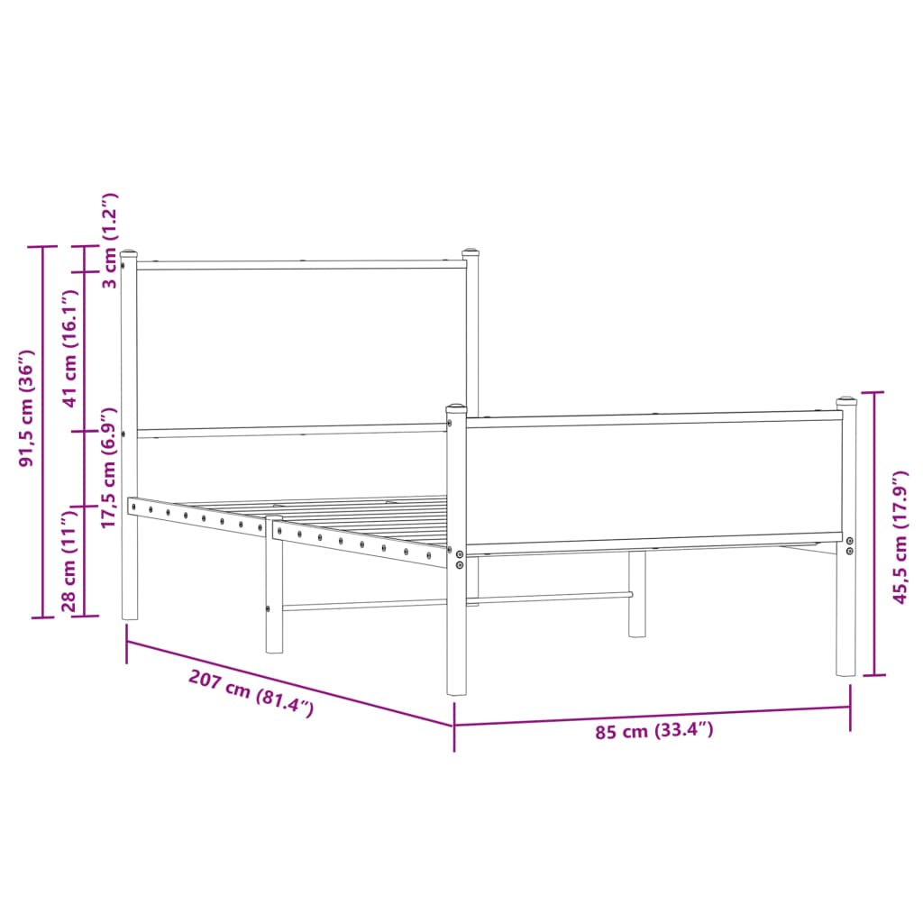 vidaXL Cadre de lit métal avec tête de lit et pied de lit 80x200 cm