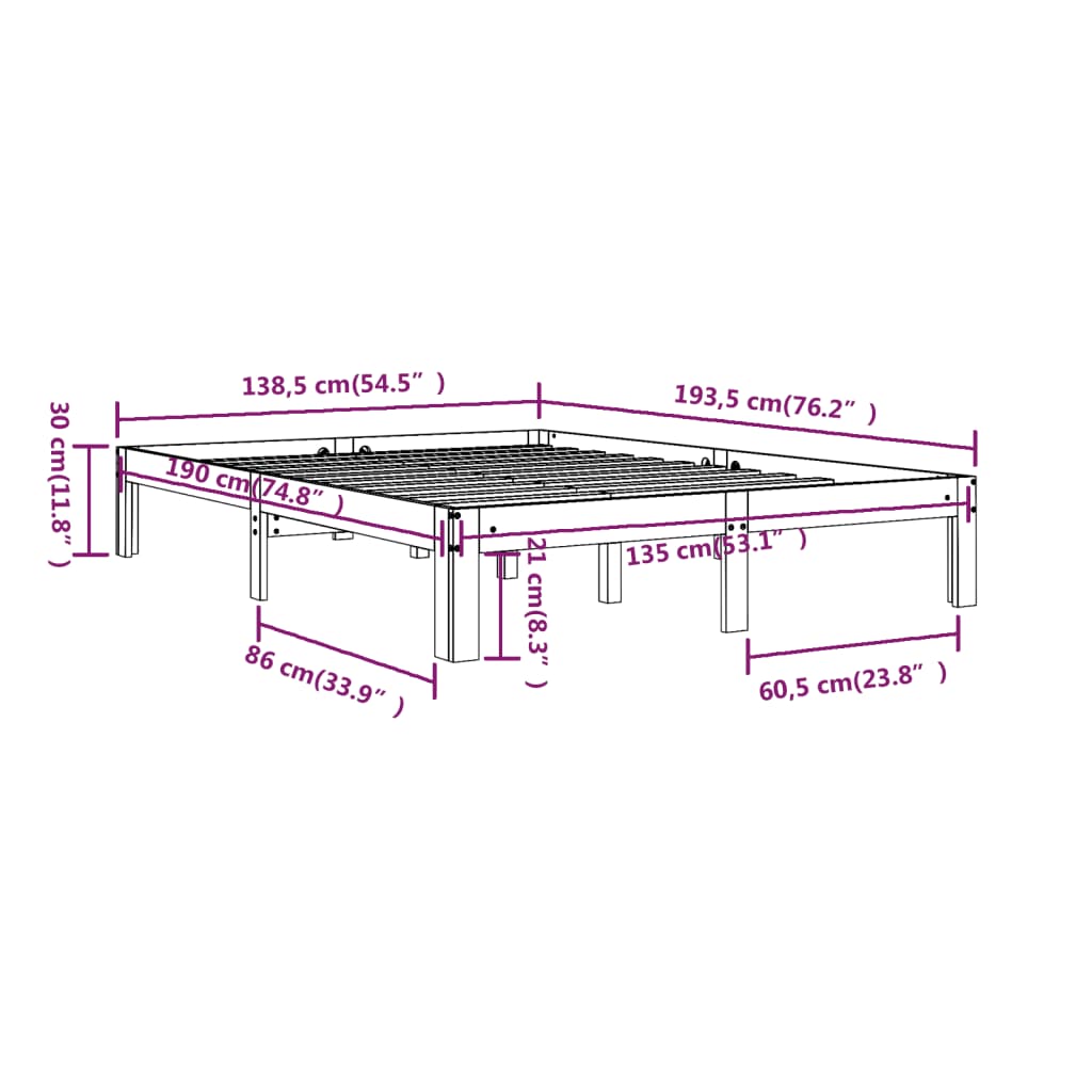 vidaXL Cadre de lit Noir Bois massif 135x190 cm Double