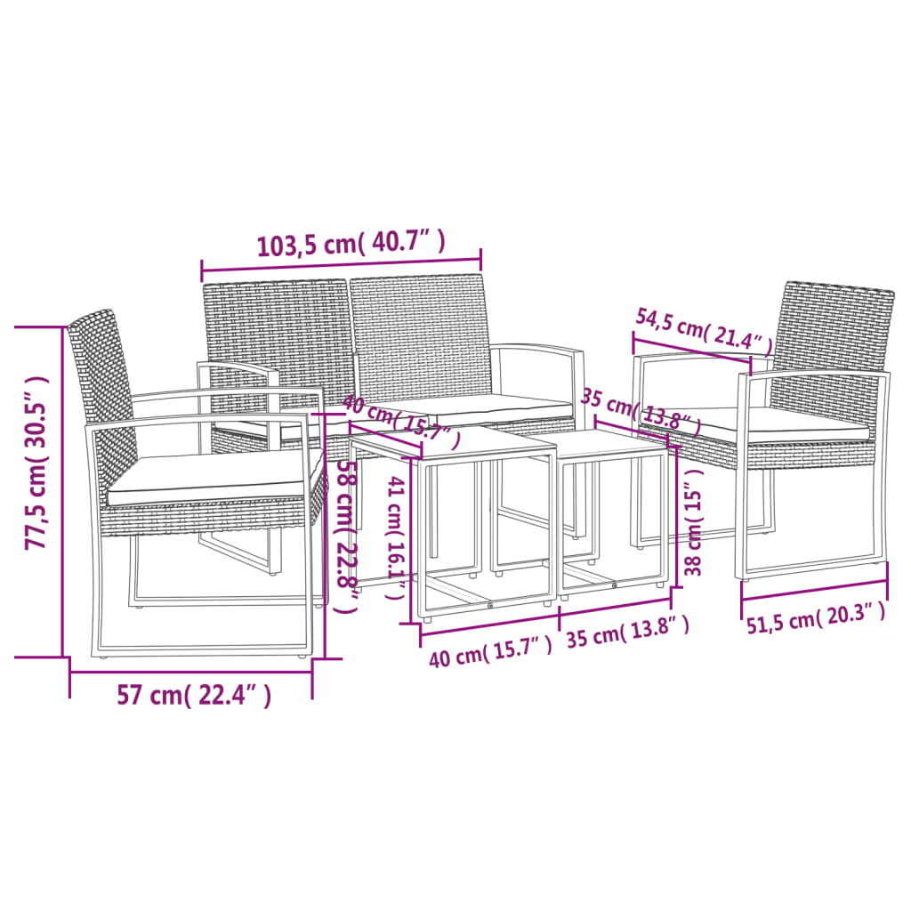 vidaXL Ensemble à manger de jardin avec coussins 5 pcs noir rotin PP