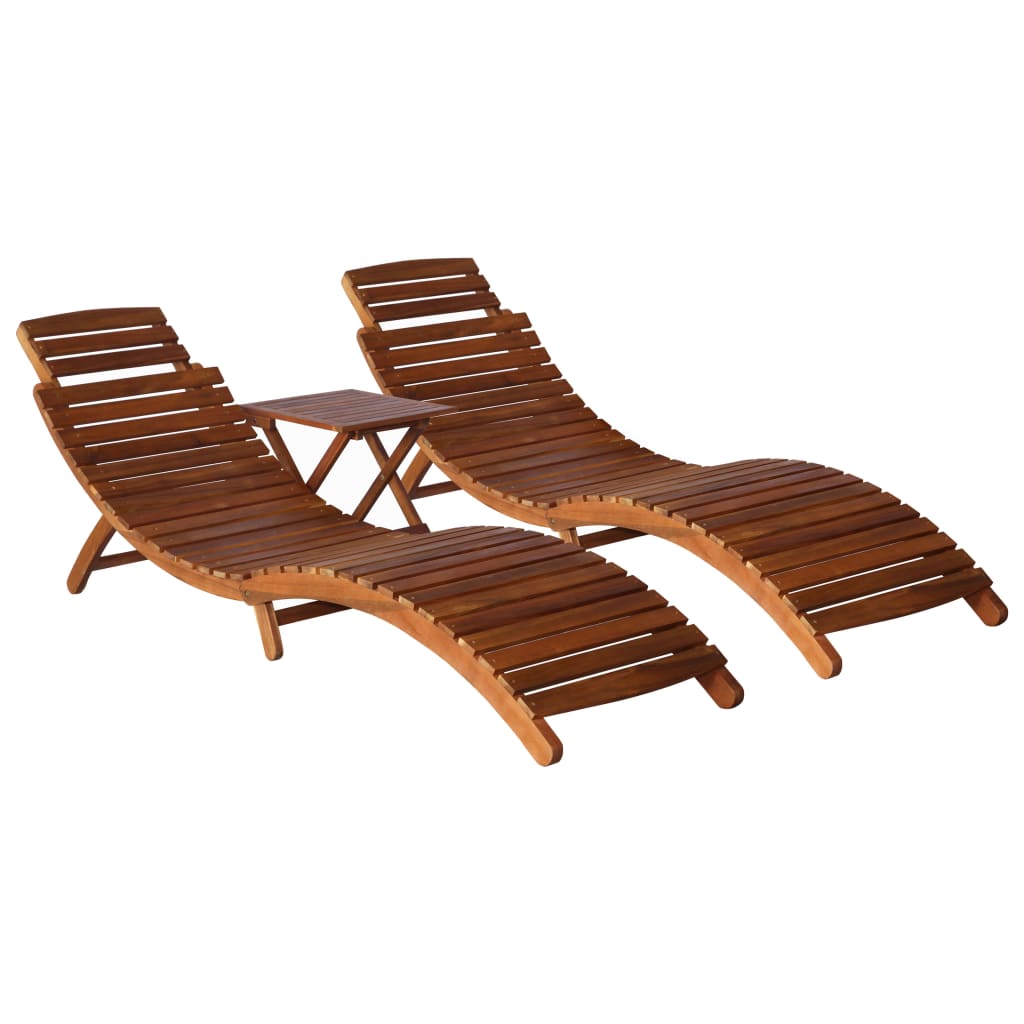 vidaXL Chaise longue avec table à thé lot de 3 Bois d'acacia massif