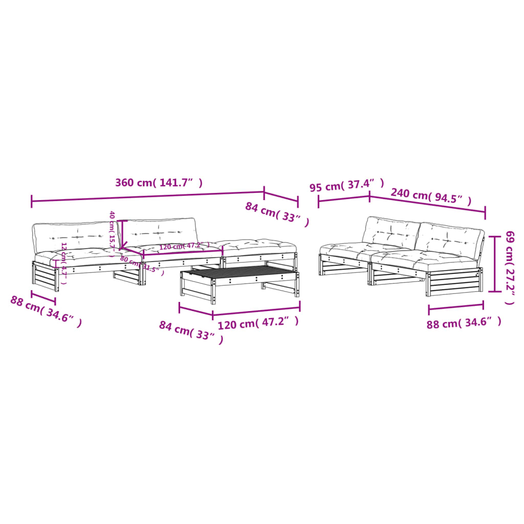 vidaXL Salon de jardin 6 pcs avec coussins bois de pin imprégné