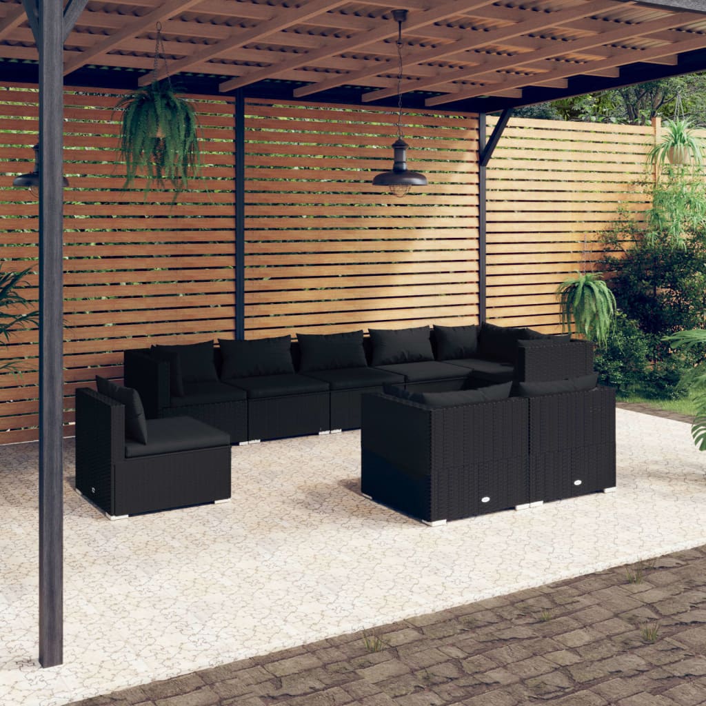 vidaXL Salon de jardin 9 pcs avec coussins Résine tressée Noir