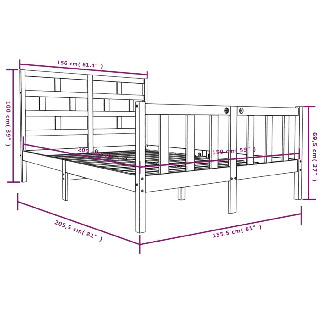 vidaXL Cadre de lit Marron miel Bois pin massif 150x200 cm Très grand