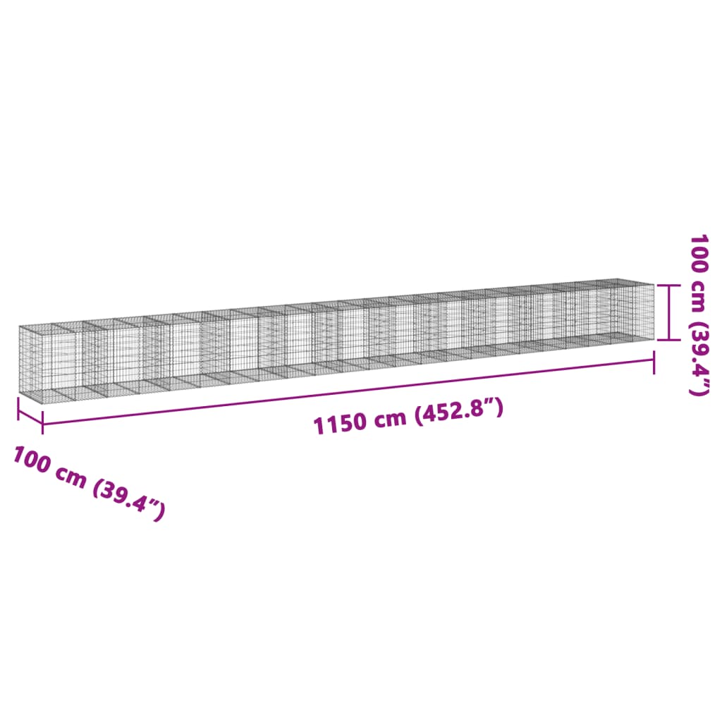 vidaXL Panier gabion avec couvercle 1150x100x100 cm fer galvanisé