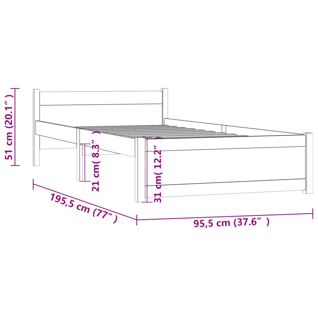 vidaXL Cadre de lit Blanc Bois massif 90x190 cm Simple