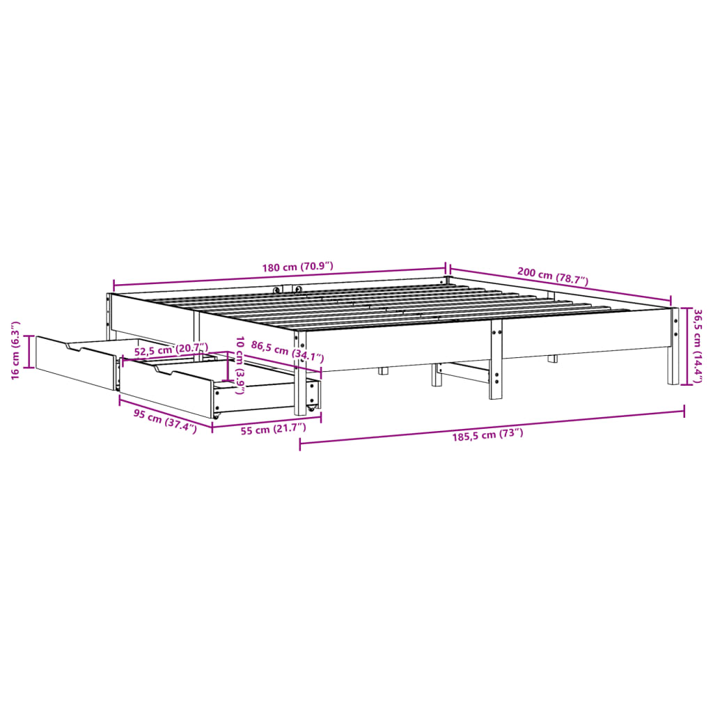 vidaXL Cadre de lit sans matelas blanc 180x200 cm bois massif de pin