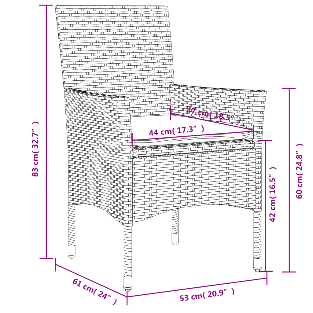 vidaXL Ensemble à manger de jardin et coussins 3pcs marron rotin verre