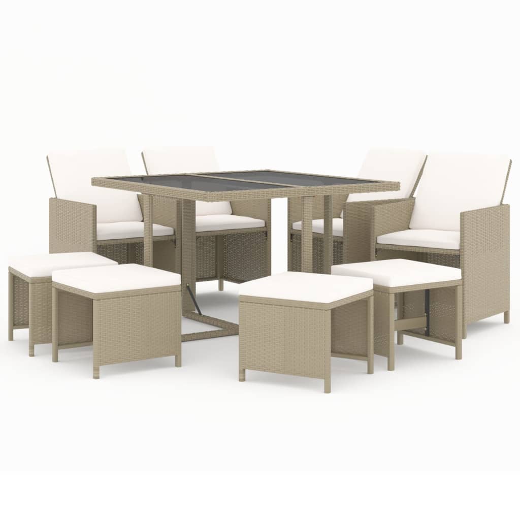 vidaXL Ensemble à manger de jardin et coussins 9 pcs Poly rotin Beige