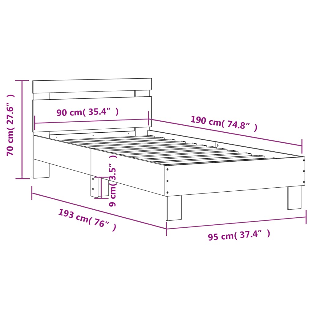 vidaXL Cadre de lit sans matelas avec lumières LED gris béton 90x190cm