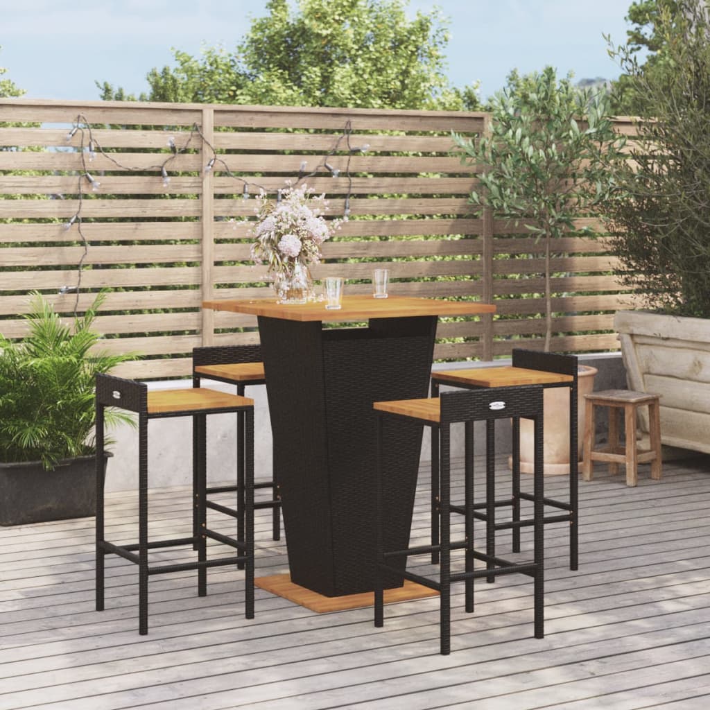 vidaXL Ensemble de bar jardin 5 pcs noir poly rotin/bois massif acacia