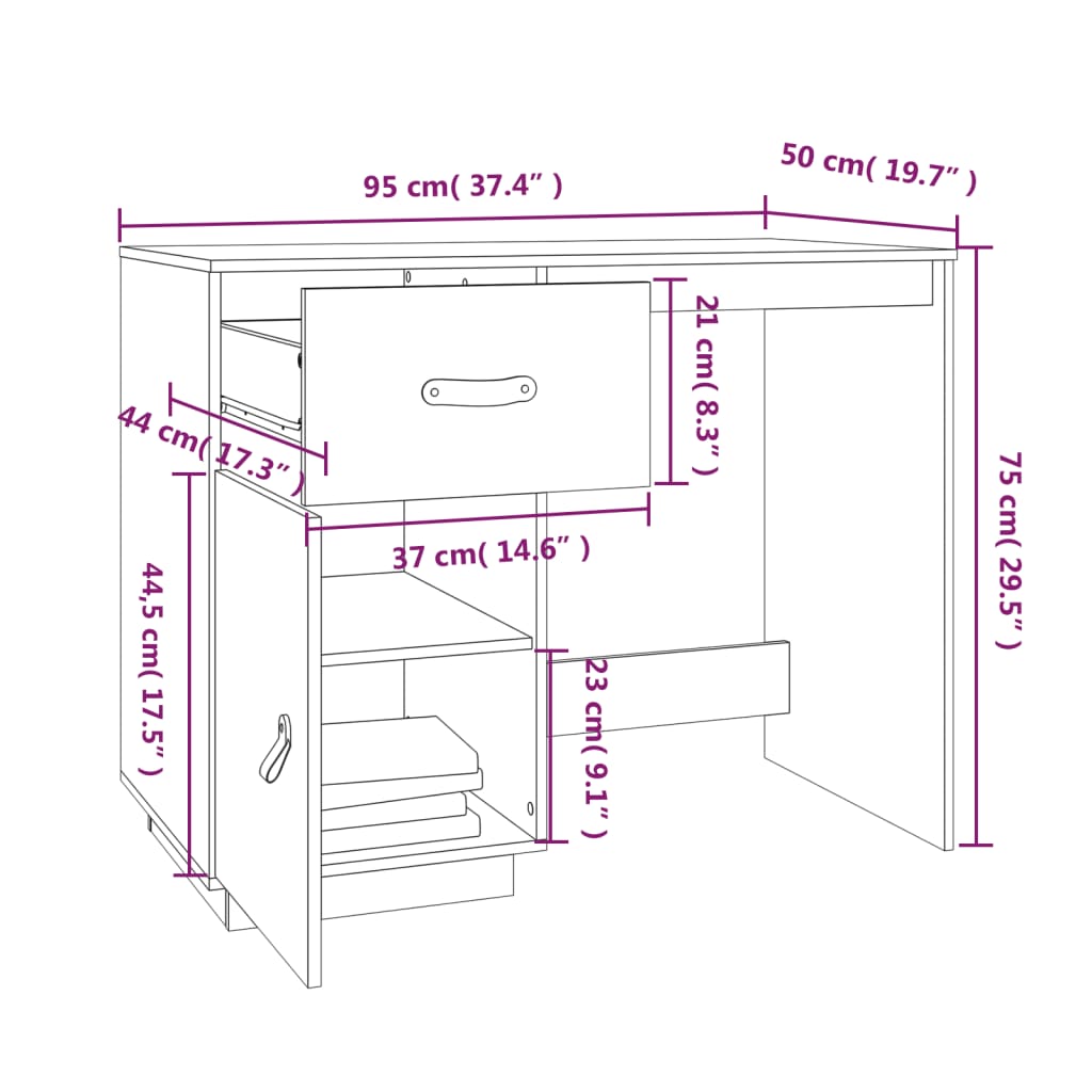 vidaXL Bureau Blanc 95x50x75 cm Bois massif de pin