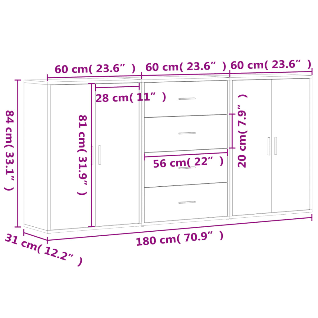 vidaXL Buffets 3 pcs noir 60x31x84 cm bois d'ingénierie