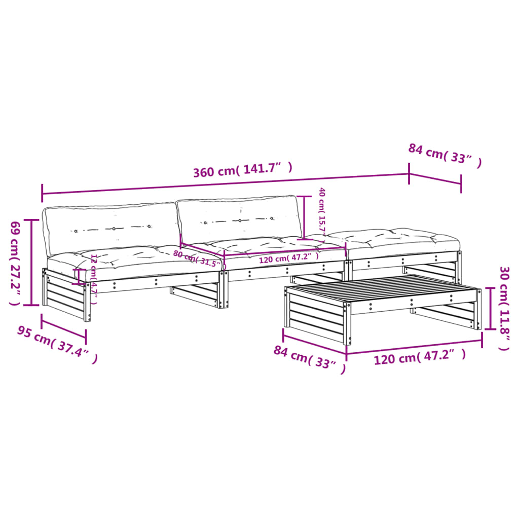 vidaXL Salon de jardin 4 pcs avec coussins gris bois massif