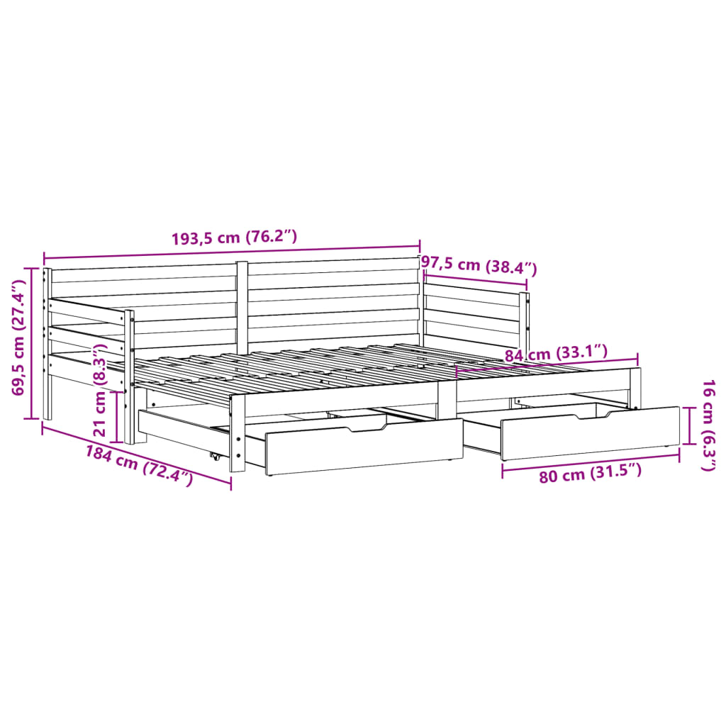 vidaXL Lit de jour et lit gigogne et tiroirs 90x190 cm bois pin massif